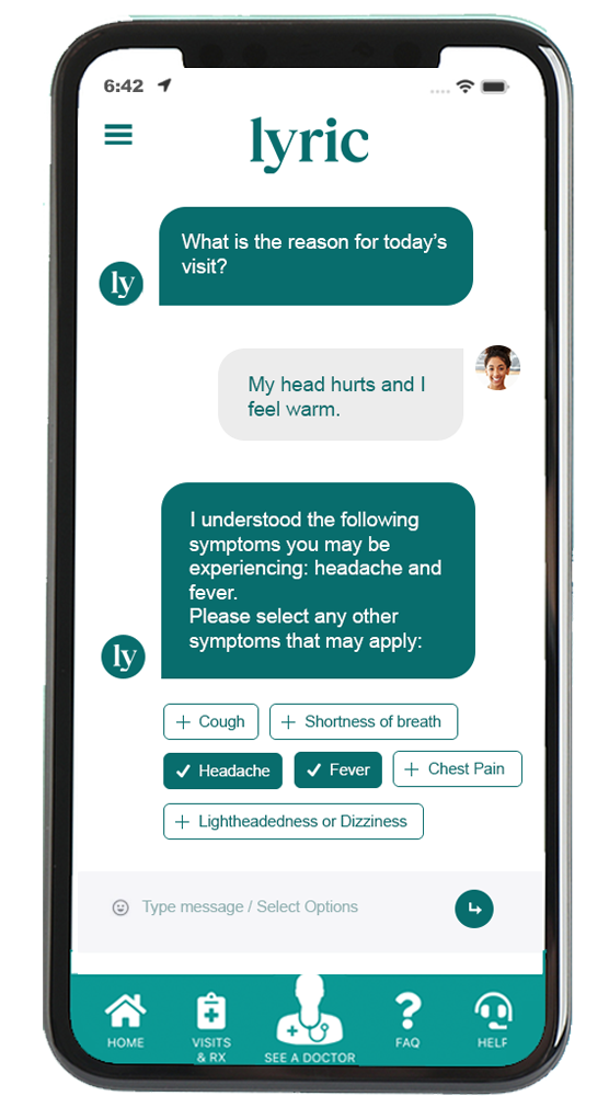 The Lyric app triaging a member's symptoms with Grace