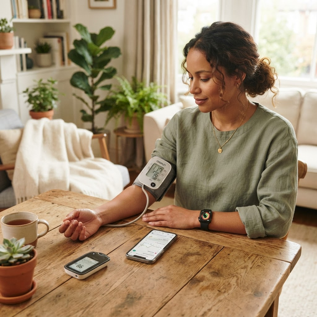 A person at home reviewing readings from a connected blood pressure monitor, smartwatch, and health app