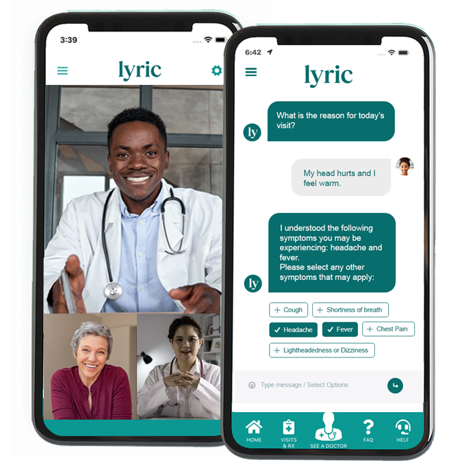 Two Lyric mobile app screens: a video visit with a doctor, and a Grace chat triaging symptoms