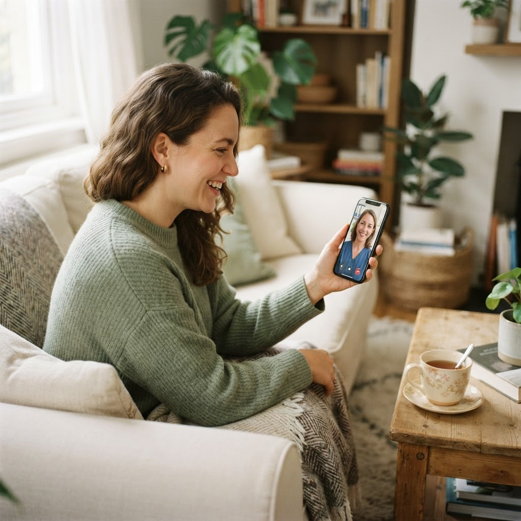 A member at home using the Lyric app for a video visit with a primary care doctor