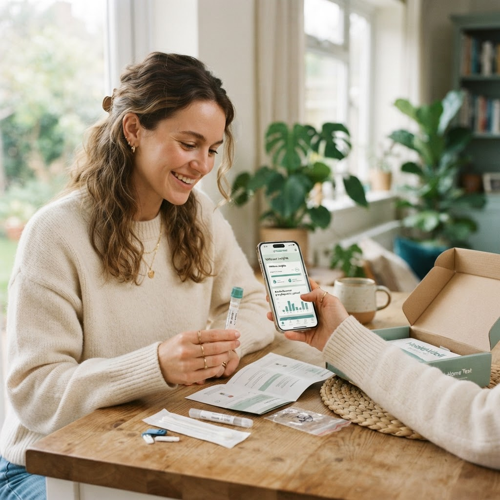 A member at home using a Lyric preventive lab kit alongside the Lyric mobile app